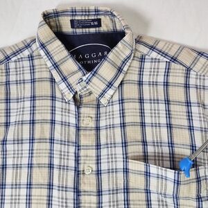 Haggar Men’s XL Short Sleeve Button Front Shirt Beige‎ Blue Plaid Casual Cotton